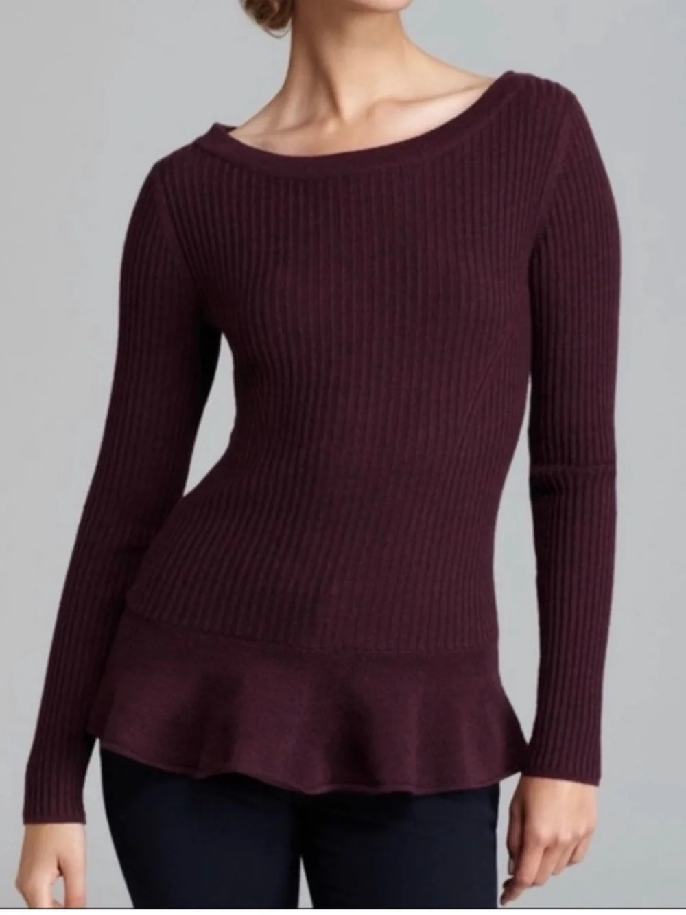 Tory Burch Ramona Peplum 100% Merino Wool Ribbed Sweater - Plum / Burgundy